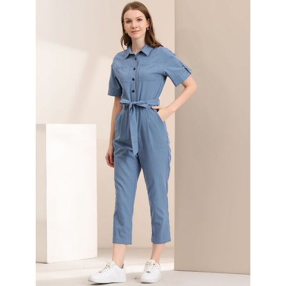 Short Sleeve Collared Cropped Button Down Tie Waist Cotton Cargo Jumpsuit Blue - Picture 3 of 6